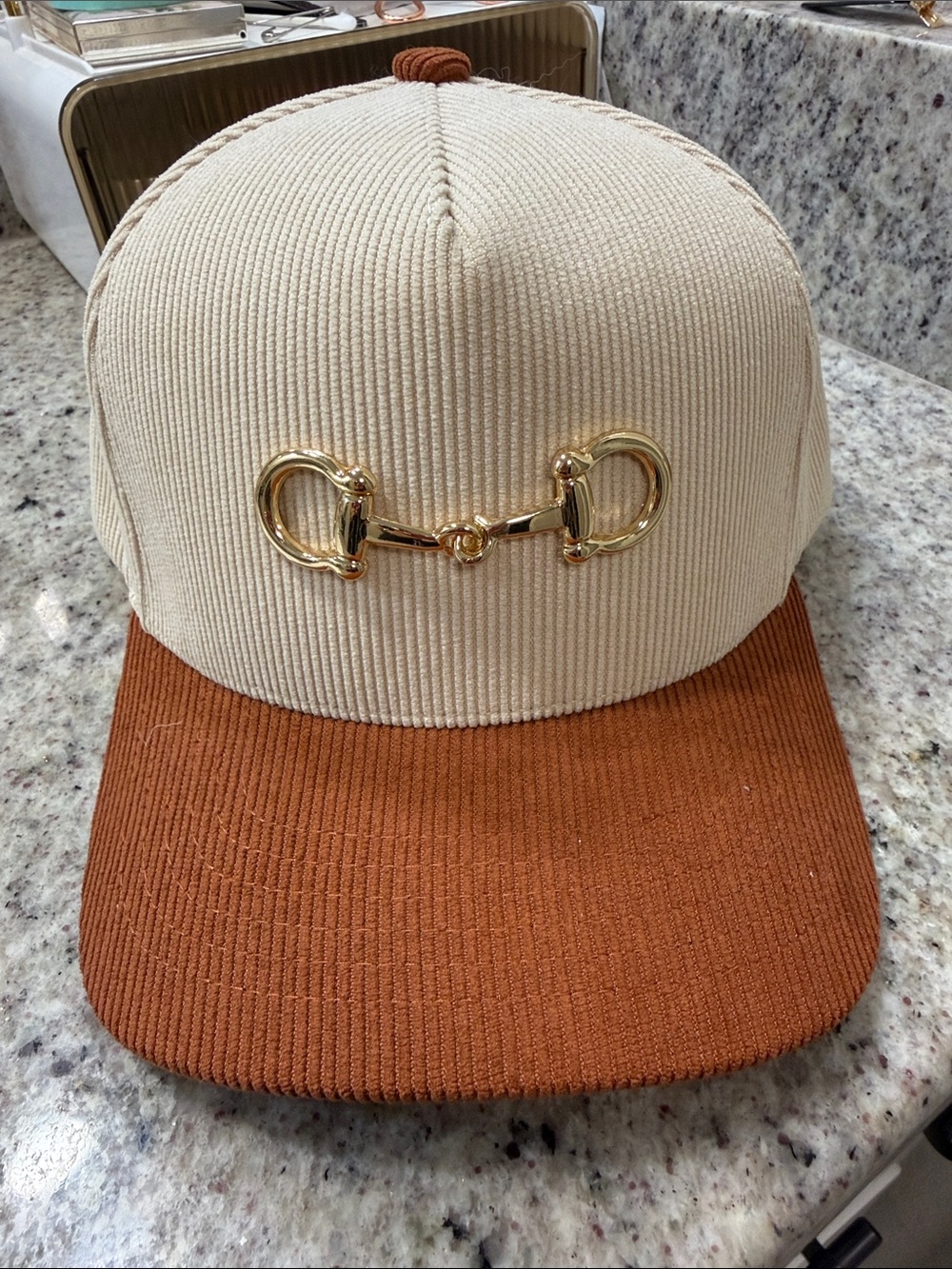 C.C Two-Tone Corduroy Cap in Cream and Rust with Branded Trim - Never Worn